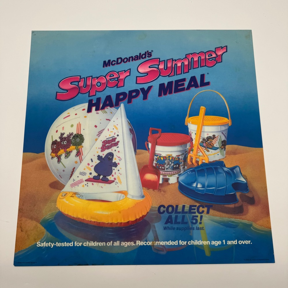 Vintage 1989 McDonalds Super Summer Happy Meal Store Display Sign 22x21 MCDY-700